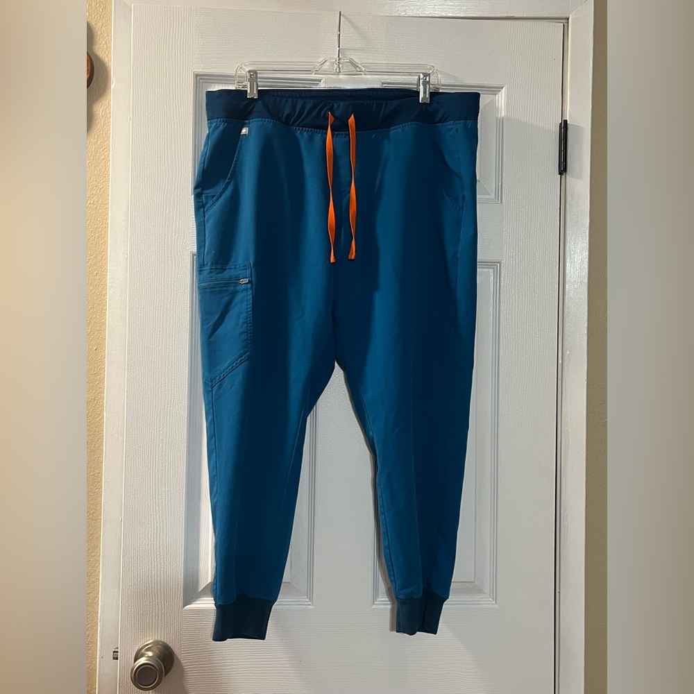 Figs Women’s Blue Teal high waisted Zamora Joggers with Orange Drawstring